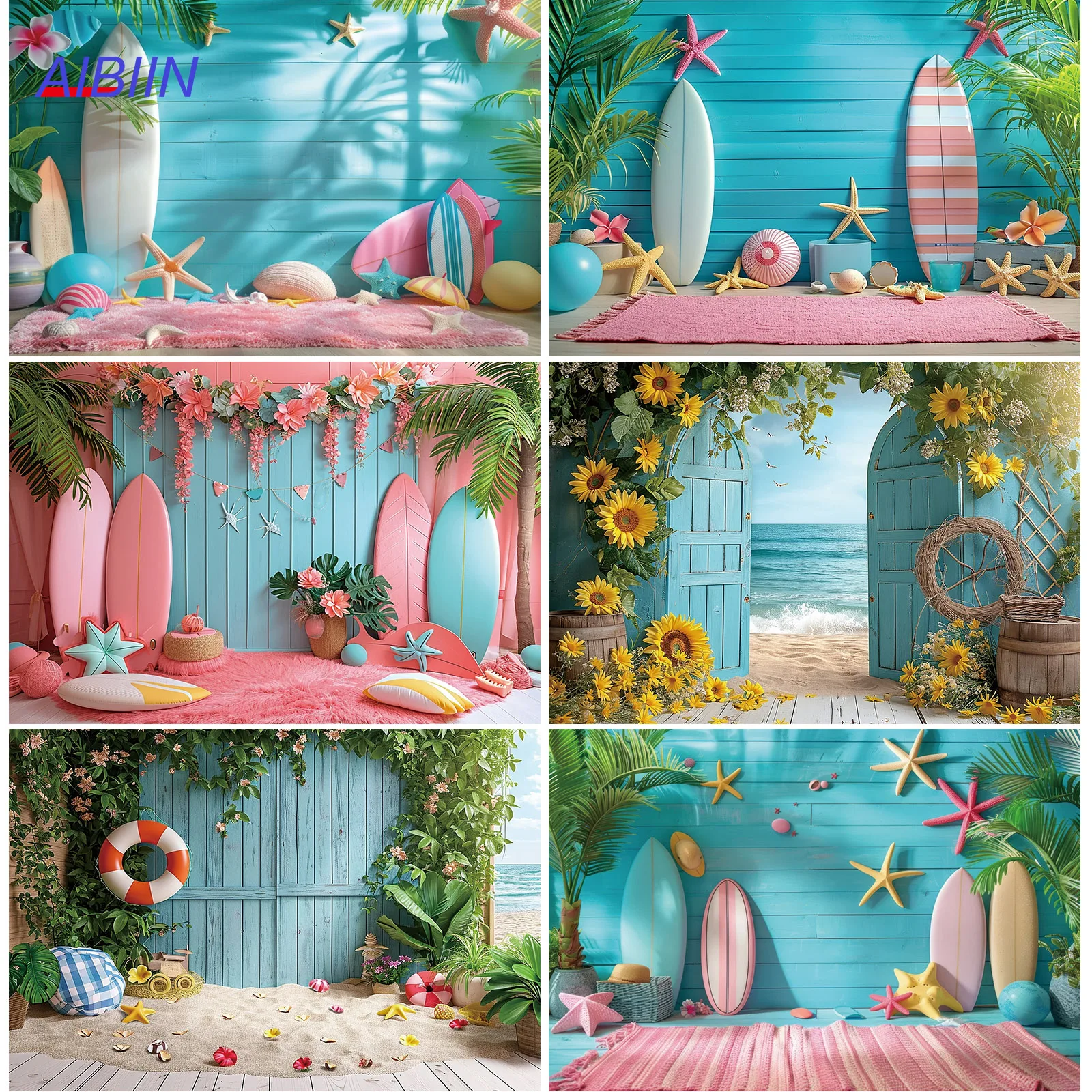 

Tropical Beach Party Backdrop Summer Surfboard Palm Leaf Starfish Seashells Birthday Photography Background Holiday Decoration