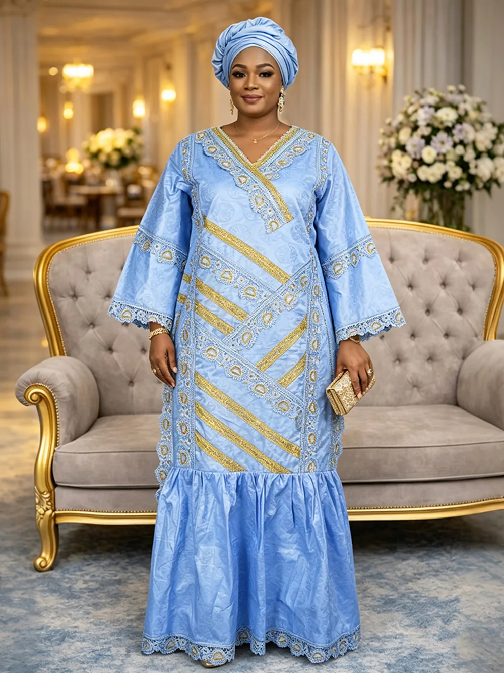 Plus Size Women African V Neck Flare Sleeve Maxi Dress With Matching Headwrap Jacquard Embroidery Long Robe Dubai Party Gown