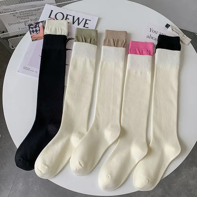 

2 пары ребристых длинных носков с цветными блоками, осенние полосатые носки, однотонные женские уличные модные гольфы для отдыха