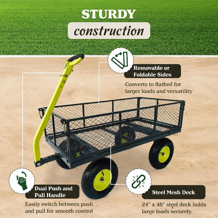 2-in-1 Jumbo Utility Yard Wagon Cart for outdoor hauling, heavy-duty steel frame, grey, 1, 000 lb capacity and foldable design