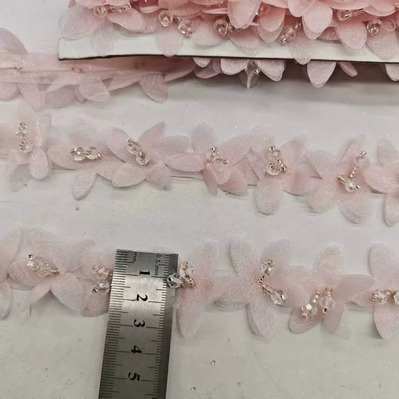 3yard 3D Crystal beads chiffon petals embroidery lace trim DIY wedding dress accessories lace ribbon