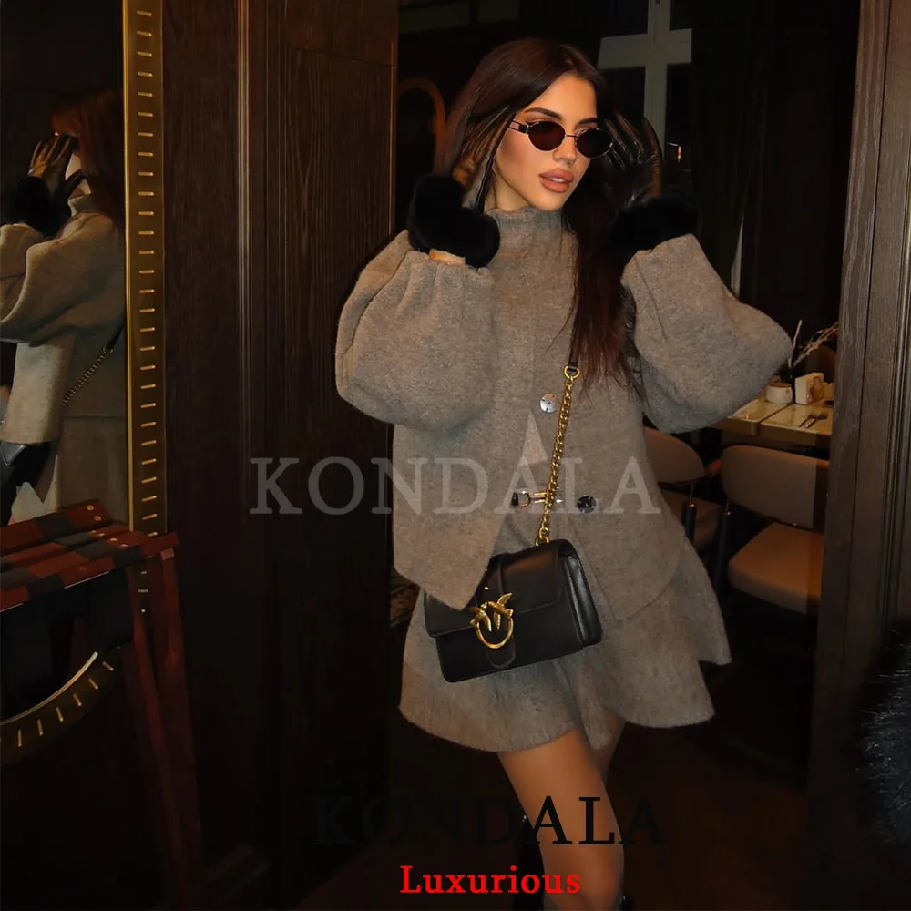 KONDALA Casual Knit Gray Suits Women O Neck Long Sleeve Loose Cardigans Ruffles Loose Mini Skirts Fashion 2026 Spring HolidaySet