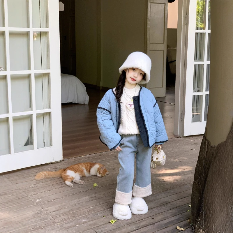 

Пальто 2025, зимнее новое плюшевое хлопковое пальто для девочек, модное детское толстое теплое короткое пальто в корейском стиле