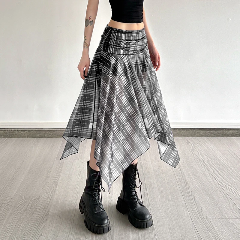 MEXZT Vintage Plaid Midi Skirt Women Y2K Streetwear Irregular Mesh Skirts Summer Gyaru Harajuku Korean High Waist A Line Faldas