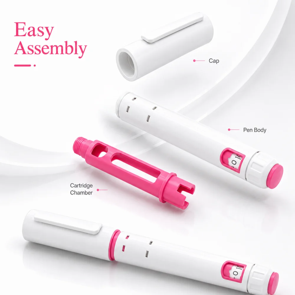 20PCS Disposable Insulin Injection Pen 60IU Adjustable Dose Injector for 3ml Cartridge with Pen Needles Pink