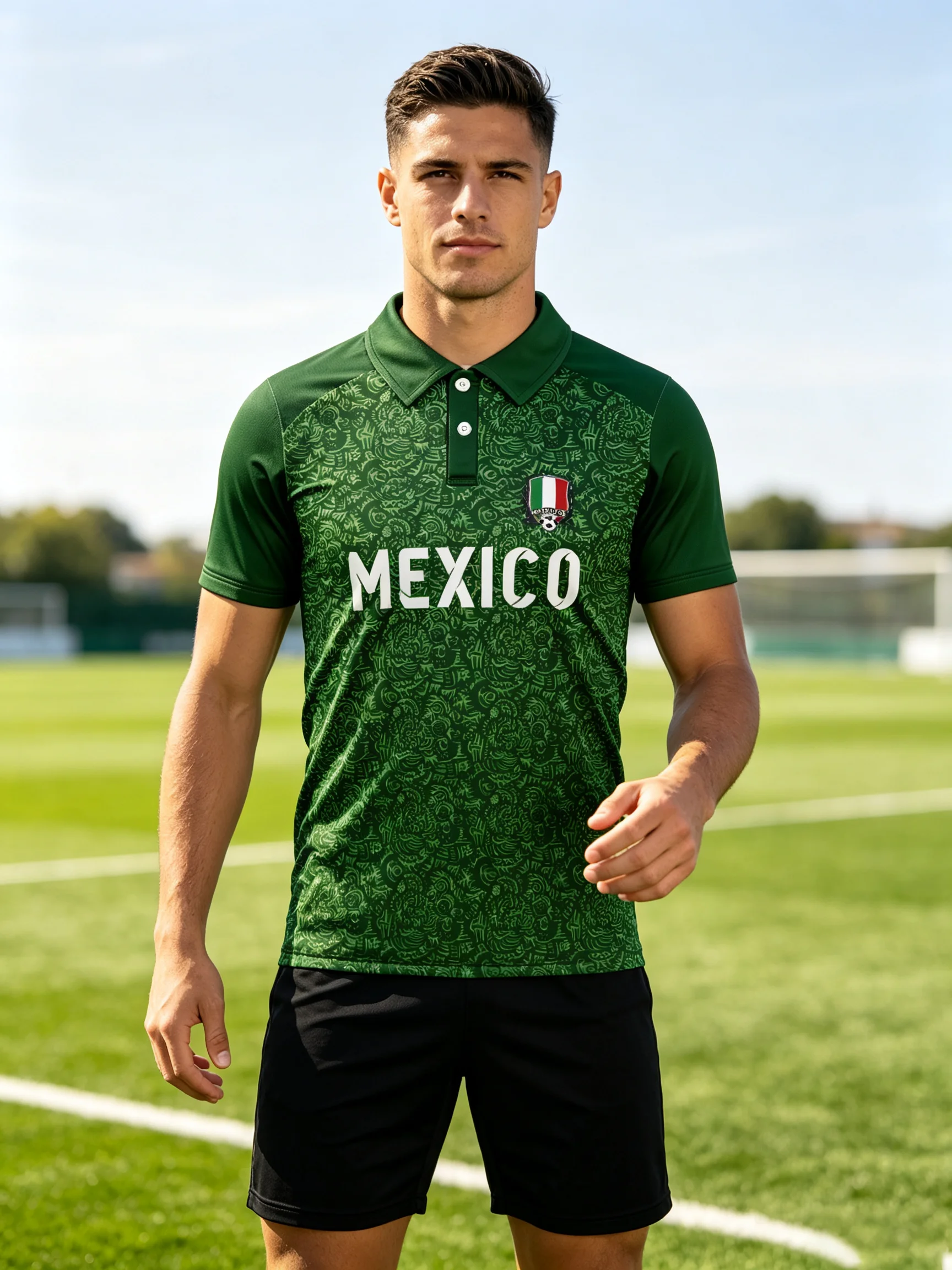 2026 Mexico soccer polo shirt, subtle ancient‑culture print, four‑way stretch and quick‑dry breathable fabric