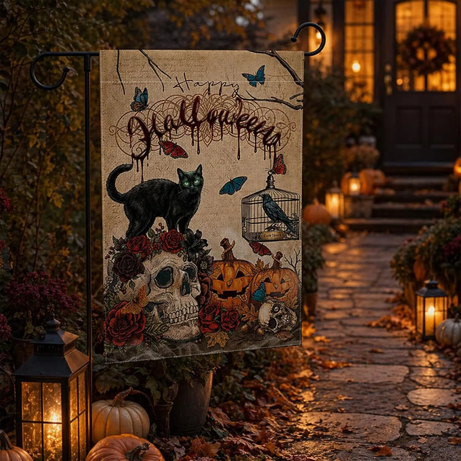 Halloween Cat Raven Skull Garden Flag Double Sided Burlap, Gothic Red Roses Butterflies Spiders for Porch Lawn Patio, 12x18  aaz