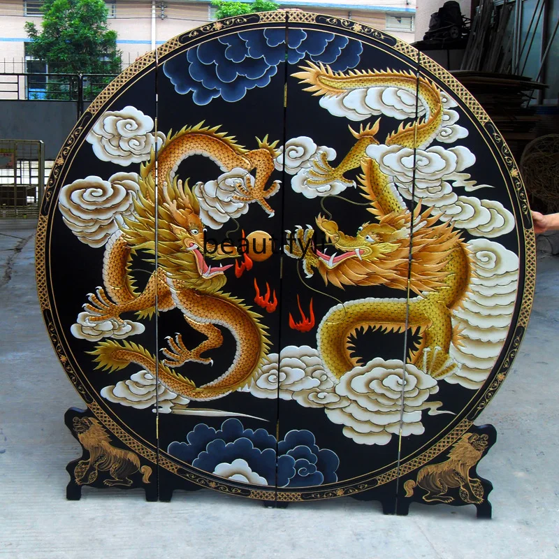 Round four screens, hand-painted golden dragon screen, classical Chinese furniture, lion holding hydrangea