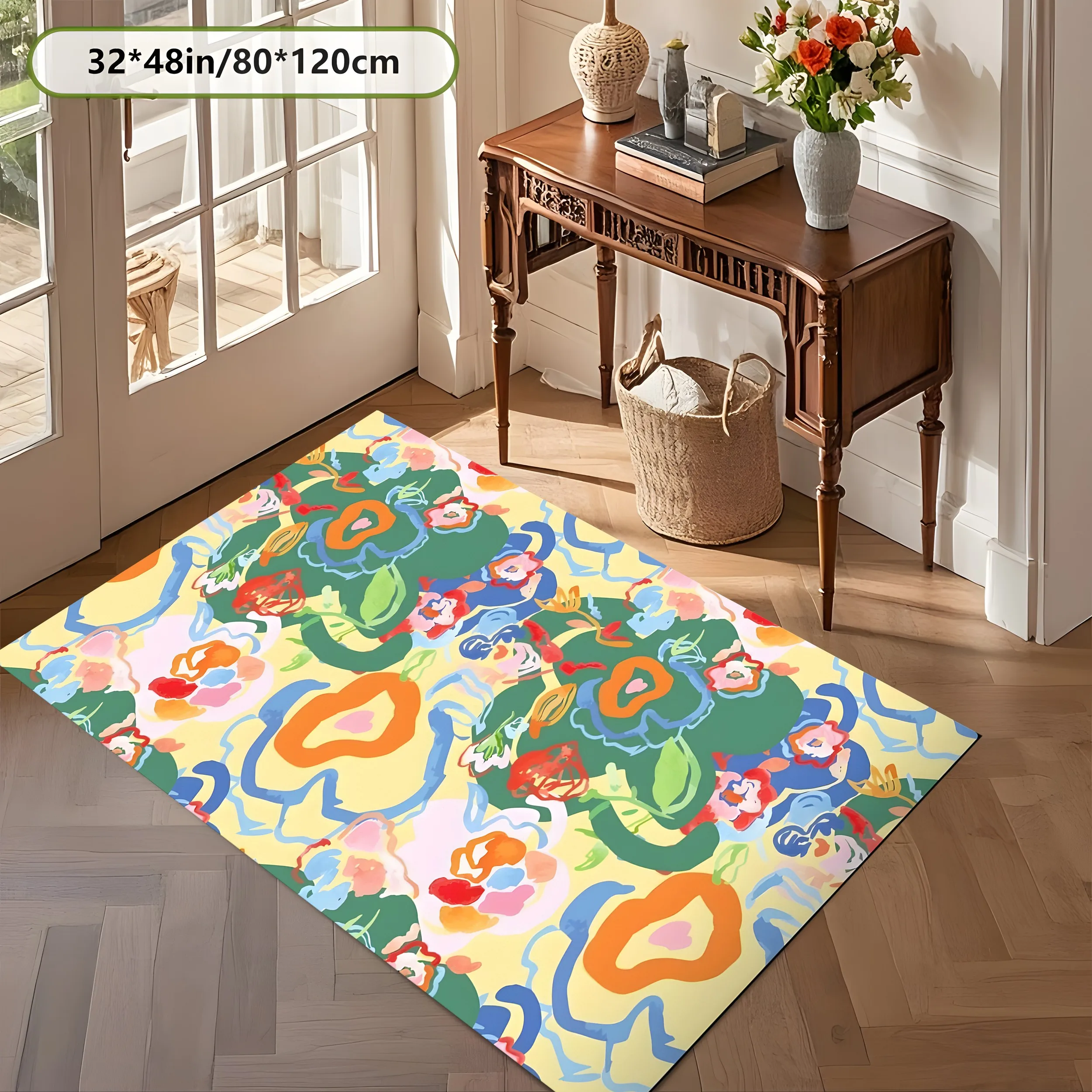 Contrasting Abstract Floral 2D Area Rug in Quirky Trendy Style for Living Room and Entryway, Halloween Party Decor