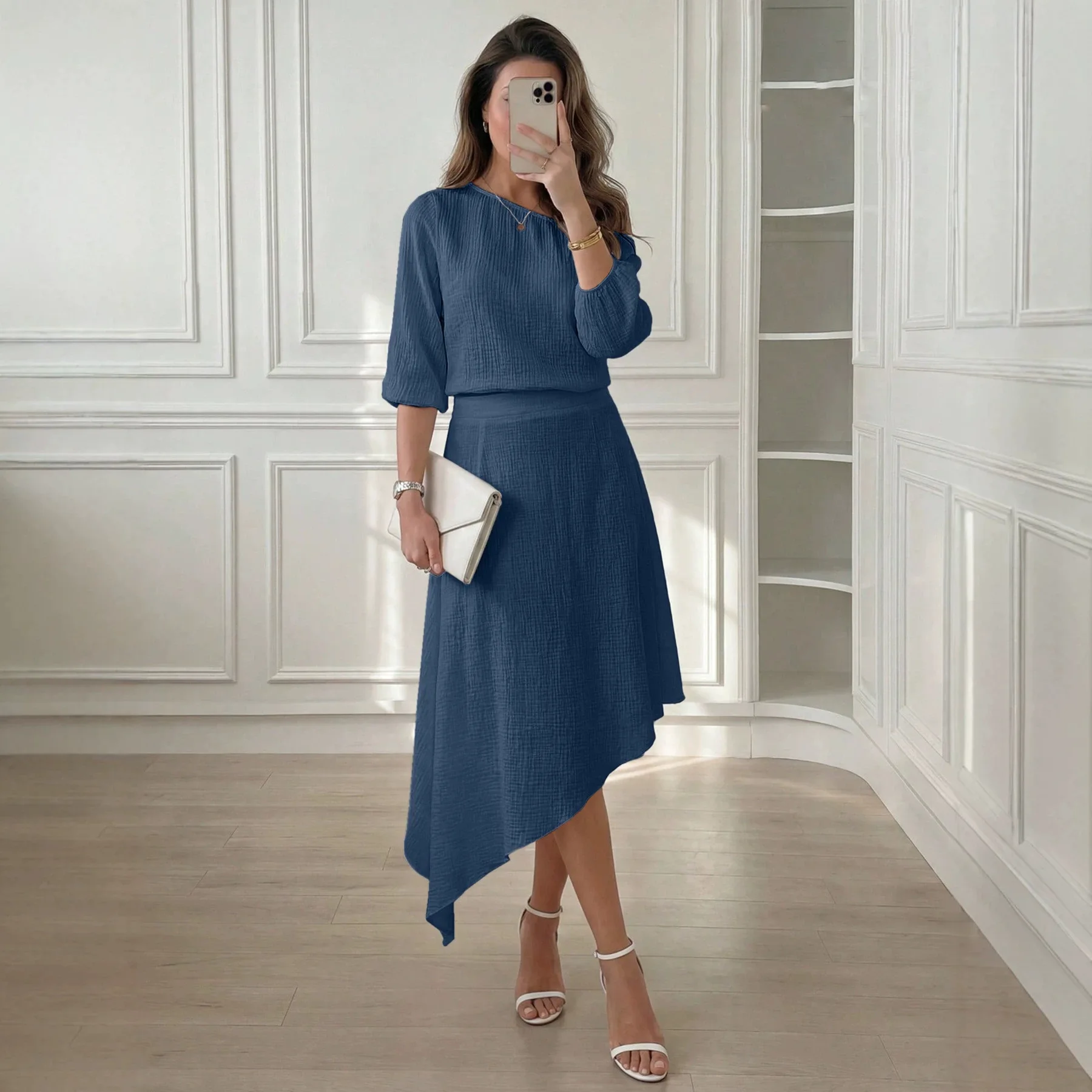 Elegant Women's Women Two Piece Outfit Boat Neck 3/4 Sleeve Textured Top Asymmetrical Midi Skirt Summer Autumn Casual Office Set