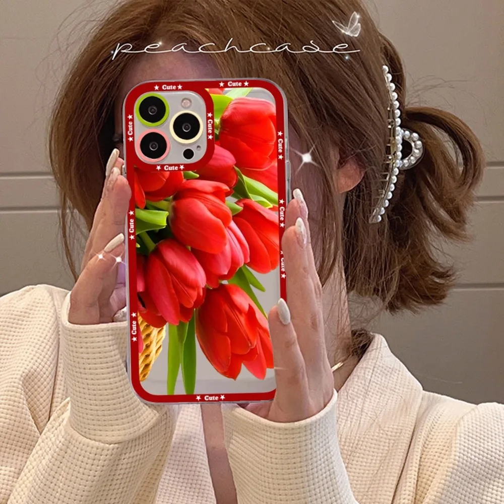 Red poppies tulip rose Phone Case For Samsung S 20 21 22 23 lite plus ultra Clear Mobile Cover Funda