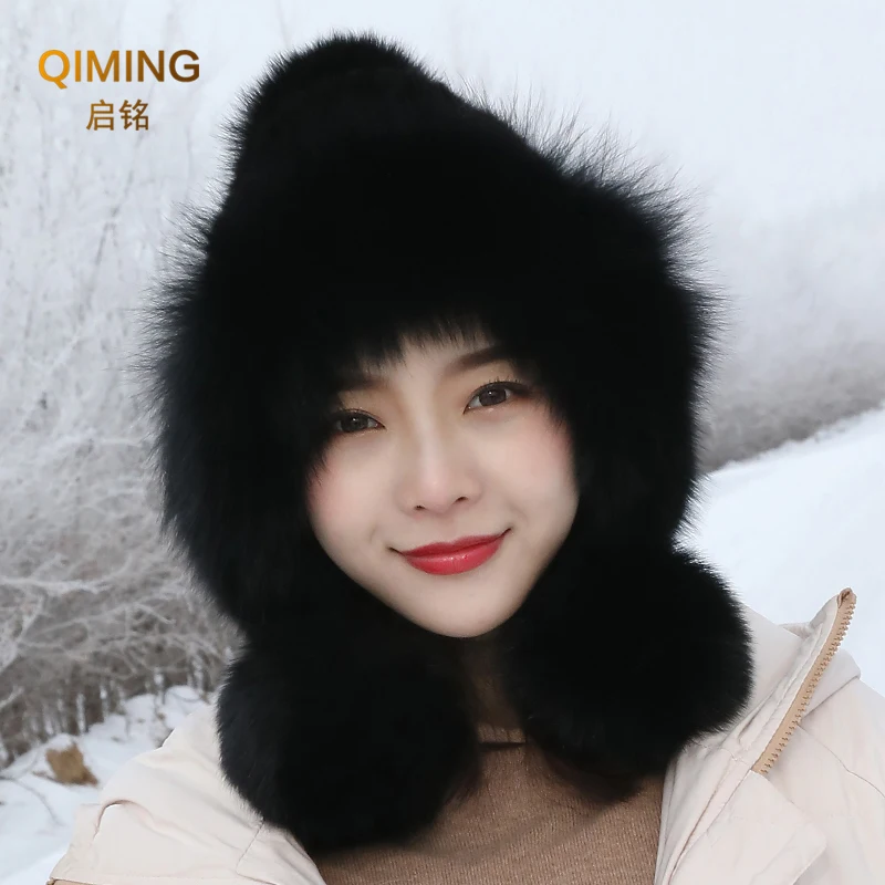 Real Mink Fur Hat With Fox Fur Ball Velvet Winter Earmuffs Protective Cap Knit Hats For Women Russian Hat Fox Fur Hat Pilot Hat