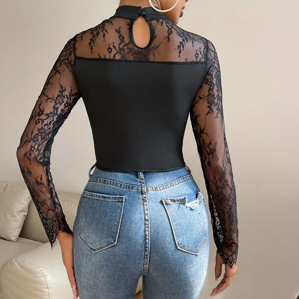 Pizzo scava fuori o-collo corsetto Sexy manica lunga Bustier t-shirt estate moda donna elegante solido Slim Fit Crop top Pullover