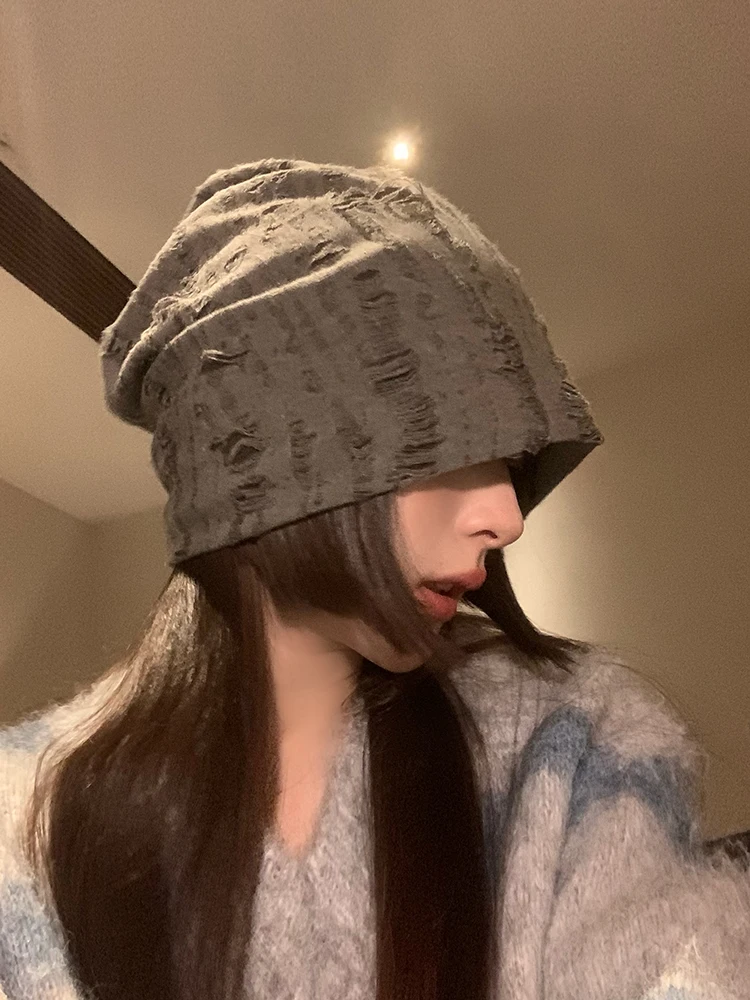 Warm Hole Punching Winter Hat Women's Autumn Winter Versatile Ear Protection Moon Hat Korean Trendy Big Head Size Scarf Hat