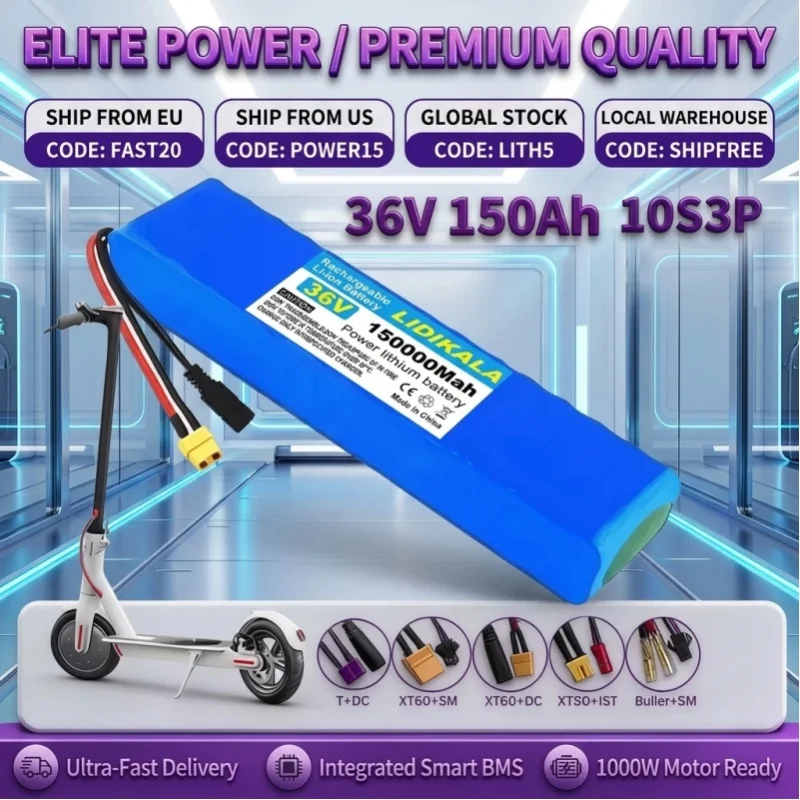10S3P 36V 150Ah 18650 Lithium-Ionen-Akku-Pack mit hoher Leistung und Sicherheits-BMS-Schutz, Ersatzakku für Elektrofahrräder, E-Scooter, Elektromotorräder und andere Elektrofahrzeuge