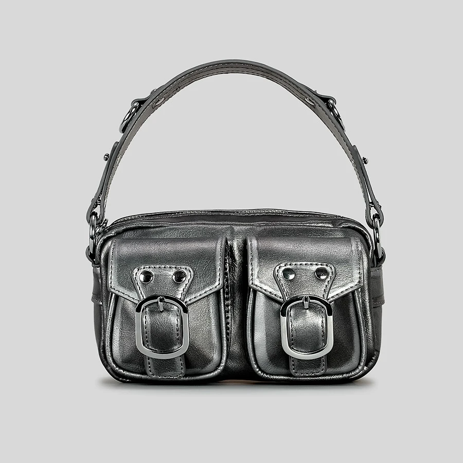 Vintage Multiple Pockets Rivet Women Handbags Box Silver Pu Leather Shoulder Crossbody Bags Camera Shaped Messenegr Bag 2024