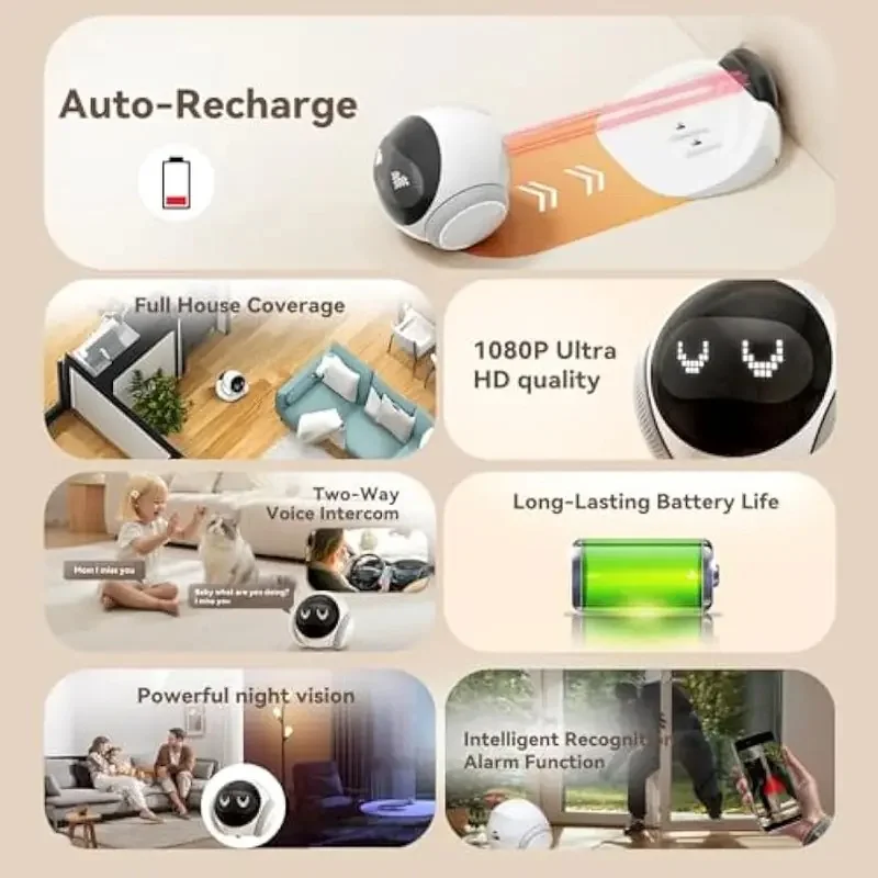 Movable Indoor Pet Robot Camera with Auto‑Recharge Dock, Smart App Control, 2‑Way Audio & IR Night Vision, Mobile Home Surveilla view 5