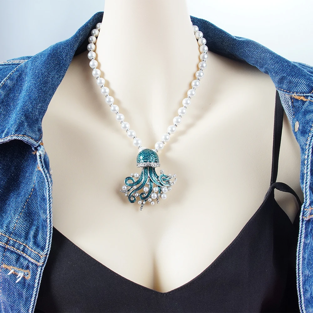 

Huge Squid Octopus Pendant Pearl Necklace Enamel Cute Deep Ocean Fish Charm Fashion Crystal Jewelry For Women Gifts