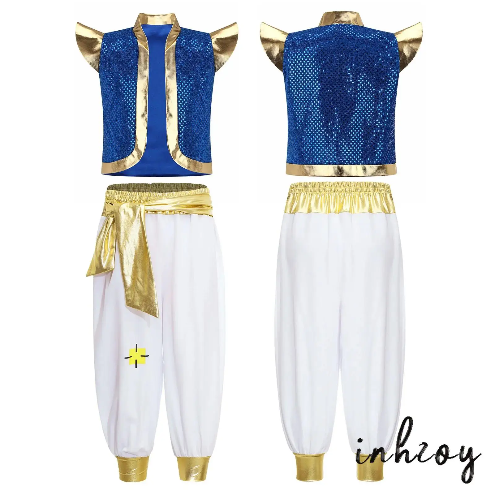 

Children Boys Opulent Arabian Prince Attire Outfits Metallic Accents Vest Tops And Elastic Waistband Pants for Holiday Party