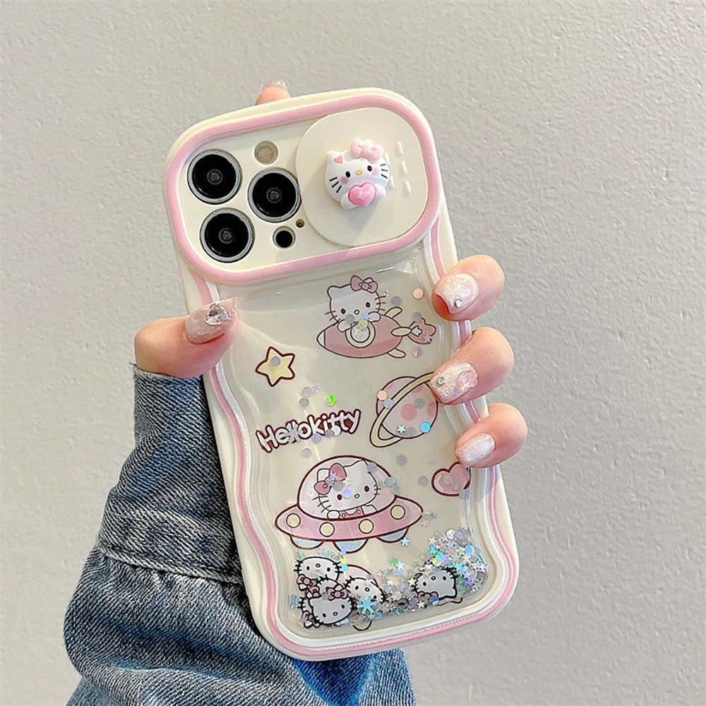 Kawaii Sanrio Hello Kitty Pochacco Cinnamoroll Phone Case Liquid Quicksand Effect Sliding Window Suit for Iphone15 14 13 12 11