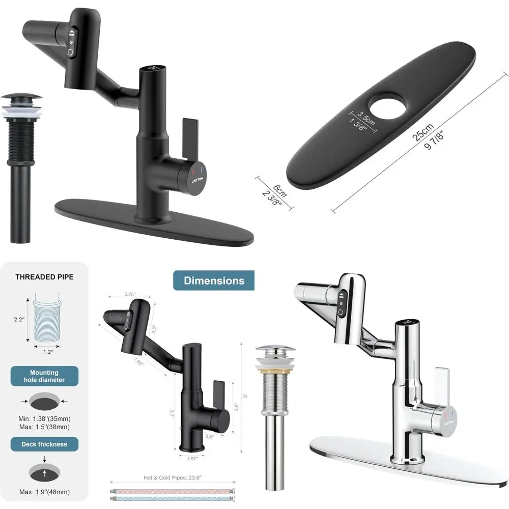 

Rotatable Matte Black Bathroom Faucet with Pop-up Drain and 10 Cover Plates, Long-lasting Durability and Easy Installation