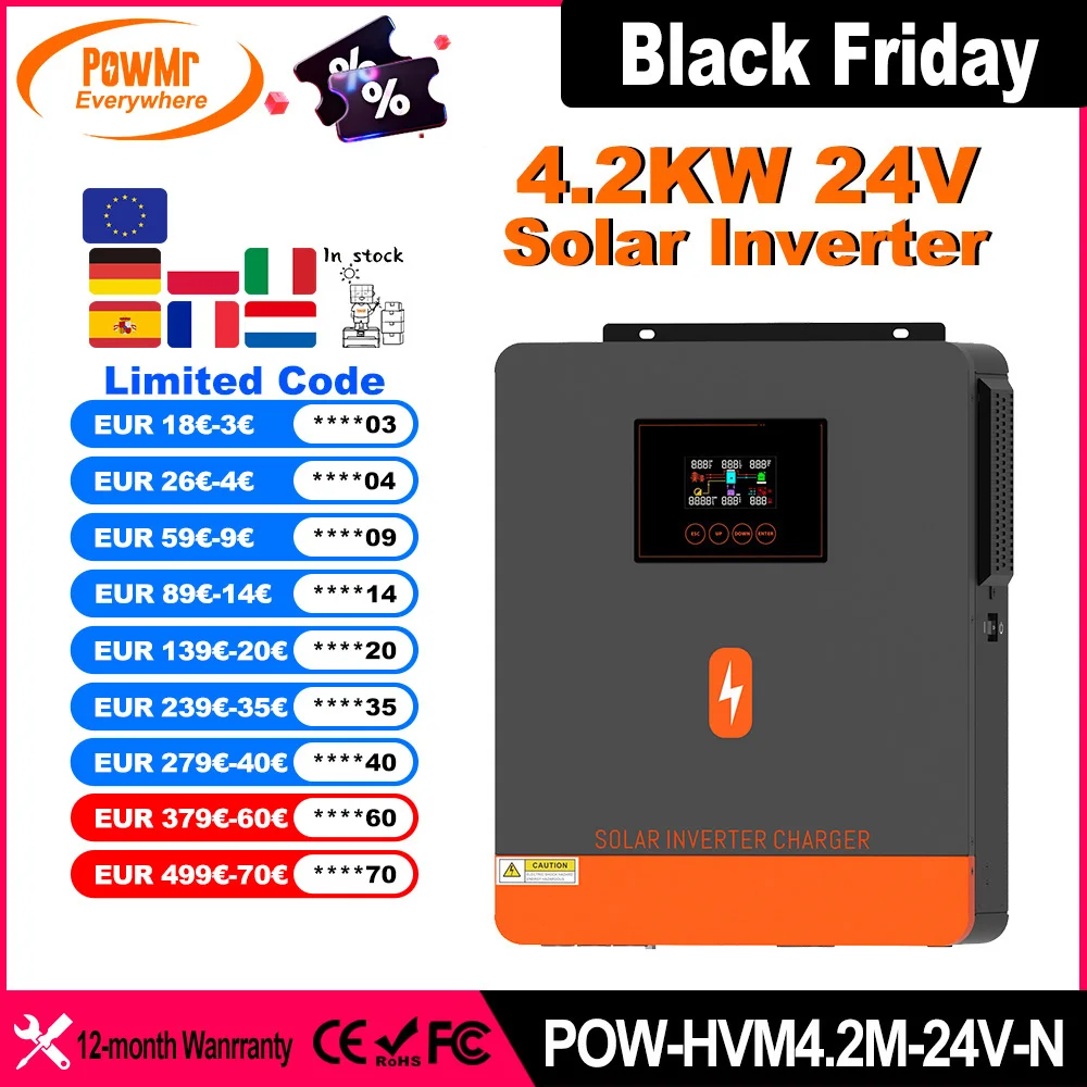 PowMr 4.2KW 24V EU Hybrid Solar Inverters 220V Pure Sine Wave Build in MPPT 120A Solar Charge Controller for PV Panel 60-500VDC