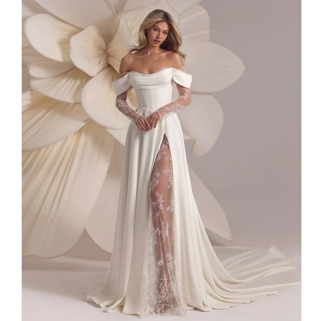 

Elegant Wedding Dresses Lace Slit Bustier Corset Bridal Gowns Plus Size Sweep Train Wedding robe de mariée Customized