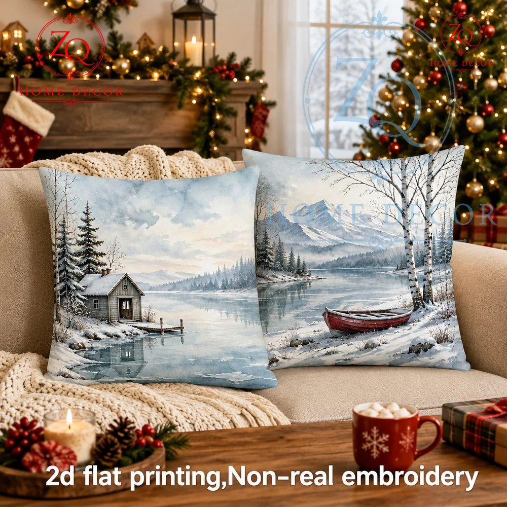 Vintage Winter Lake House Throw Pillow Cover Watercolor Snowy Cabin Rustic Farmhouse Decor Cushion Case for Sofa Couch