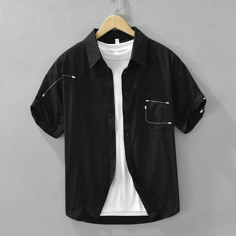 

Korean Fashion Mens Short Sleeve Black Shirts Summer Streetwear Designer Shirts Pure Cotton Button Up Shirt Men Casual Shirts