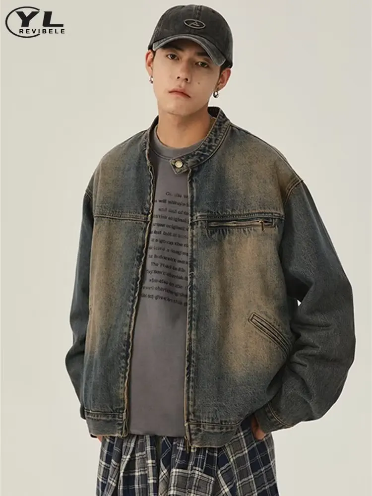 Stand Collar Denim Jacket Men Women Blue Distressed Wash High Street Cowboy Coats Casual Loose Spring Retro Zipper Outwear New