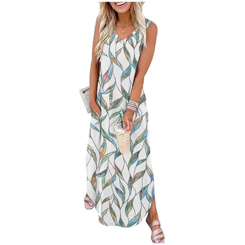 

2025 Summer New Sleeveless Loose Print Long Dress Holiday Style Beach Dress Women Casual Dress Multi Color Options