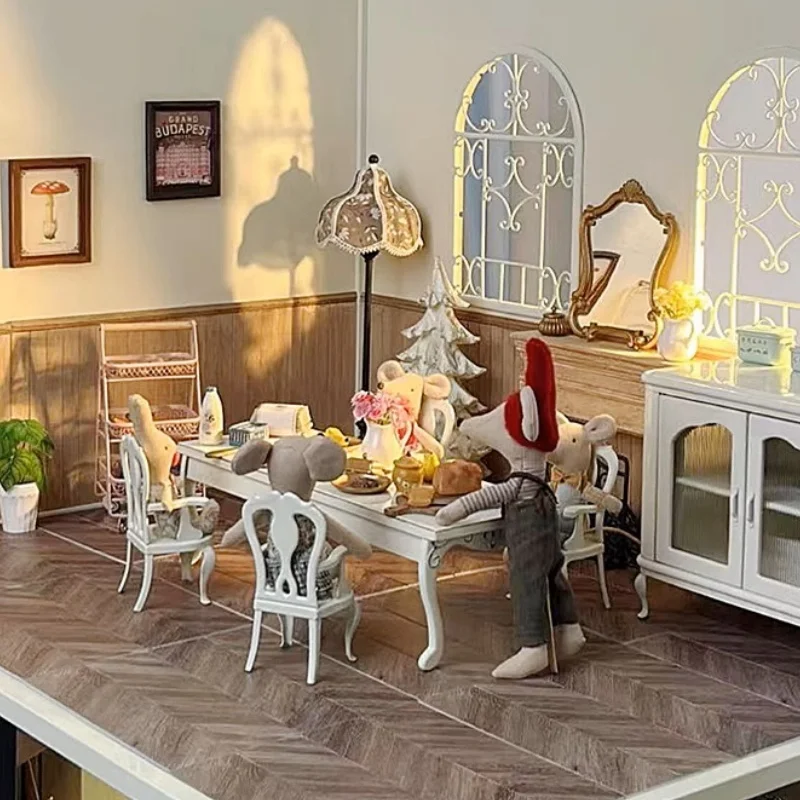 Aizulhomey خمر نحى الذهب الحديد طويل مجموعة مقاعد الطاولة ماوس أثاث المطبخ OB11 BJD Lol Blyth دمية صغيرة البيت اكسسوارات