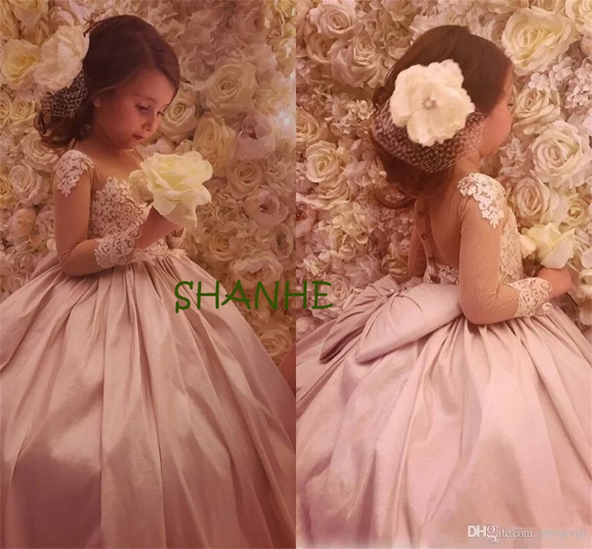 Cute Flower Girls Dresses For Wedding Kids Lace Bow Beaded Ball Gowns Long Sleeves Sheer Neck Communion Pageant Robes De Fê