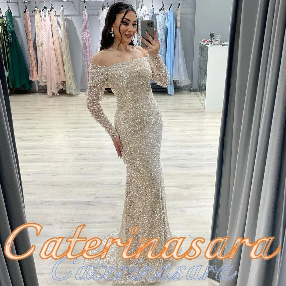 

Sparkly Champagne Beading Sequined Pearls Mermaid Prom Dresses Off Shoulder Saudi Arabic Evening Gowns Formal Dress