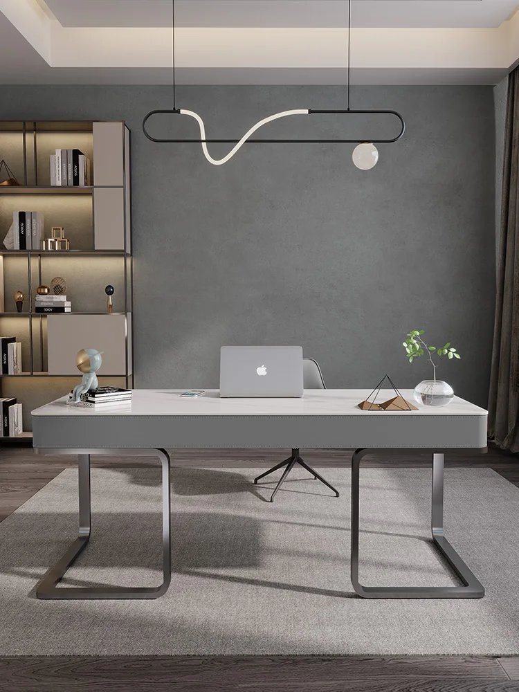 Study saddle leather desk Modern household small-sized desk Italian minimalist slate solid wood office computer desk