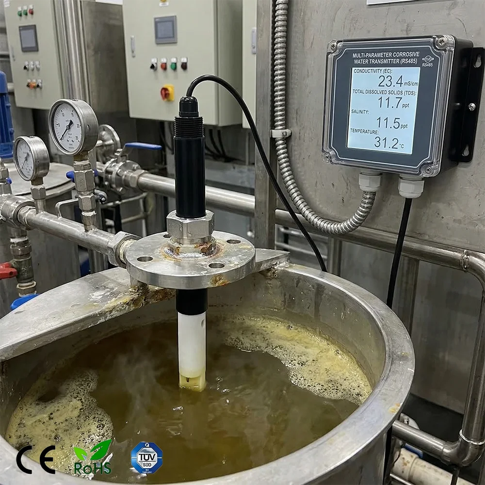 RS485 Multi Parameter Water Sensor EC TDS Salinity Temperature Transmitter PTFE for Highly Corrosive Water