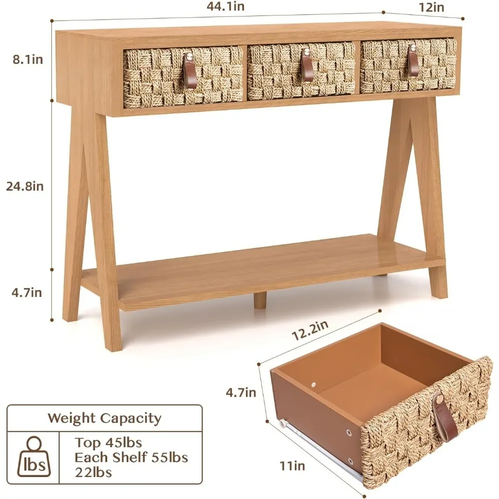 Sofa Table with Rattan 3 Drawers, Entryway Table with Storage Shelf, Farmhouse Wood Console Table, 2 Tier Long Behind Couch