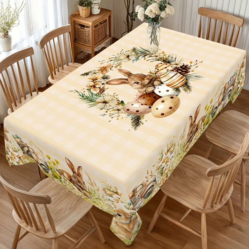 1pc Easter Bunny & Eggs Tablecloth | Spring Themed Rectangular/Round Tablecover with Truck & Flowers Patterns, Festive Spring Su