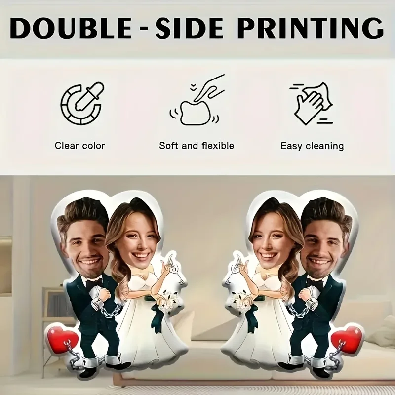 A Custom Love-themed Pillow Featuring a Personalized Design Combining Photos of Two People with Body Patterns. Digitally Printed