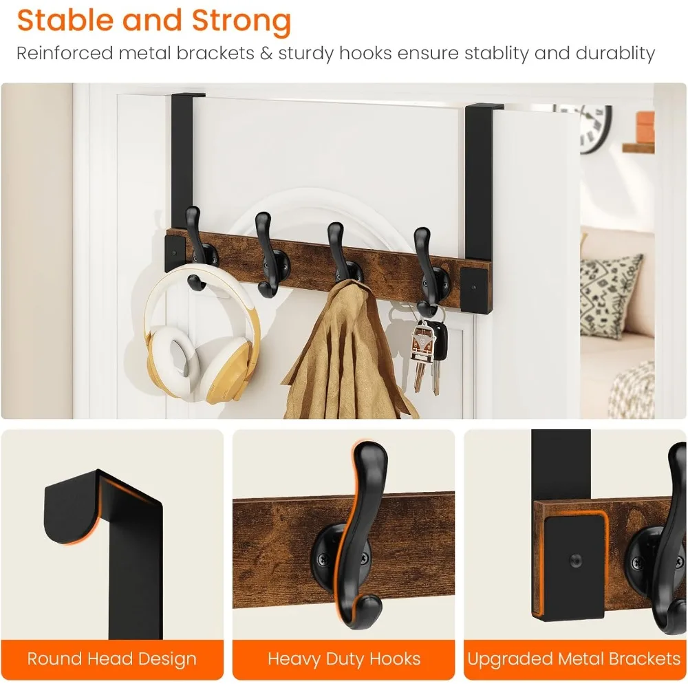 Rustic Wood Over Door Hooks Heavy Duty, 45LB Capacity, No-Drill Hanging Organizer for Towels, Coats, Bags