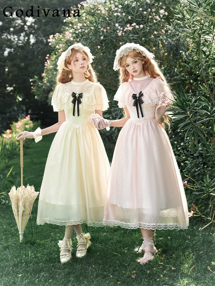 Robe de princesse Lolita rose douce, manches courtes, taille haute, en dentelle, pour filles mignonnes, ligne a, mode, robes de fée polyvalentes, printemps été