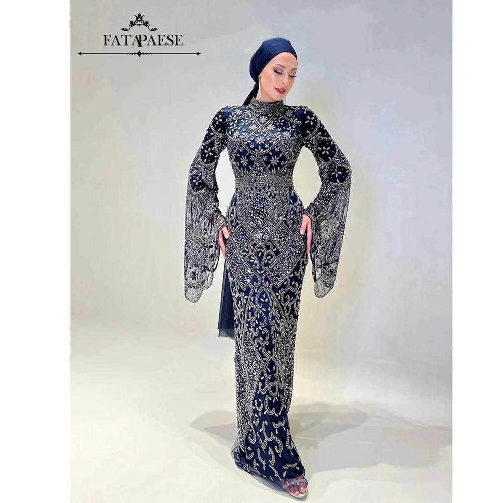 FATAPAESE 무슬림 럭셔리 이브닝 드레스 하이넥 풀 비즈 배트 슬리브 머메이드 프롬 드레스 아랍 두바이 히잡 드레스