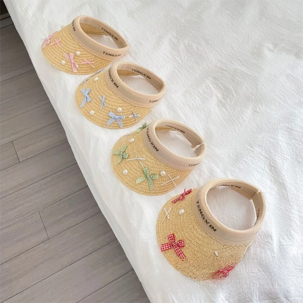 

Bowknot Kids Summer Straw Hat Wide Brim Empty Top Large Brim Sun Visor Cap UV Protection Breathable Empty Top Baseball Cap