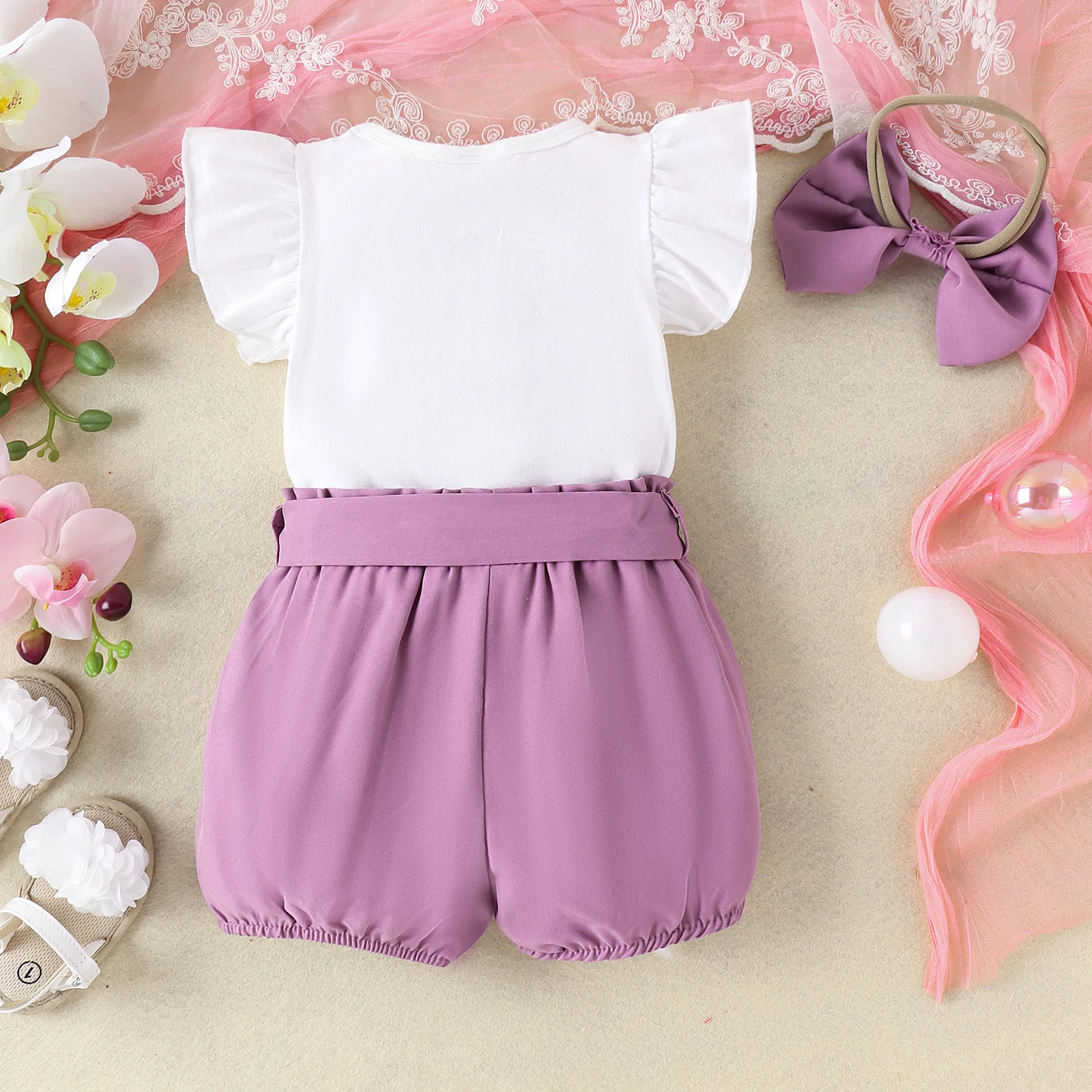 3PCS 0-2 Years Old Fashion Trend Comfortable Baby Can Use Color Rainbow Embroidery Garment + Plain Color Shorts Solid Color