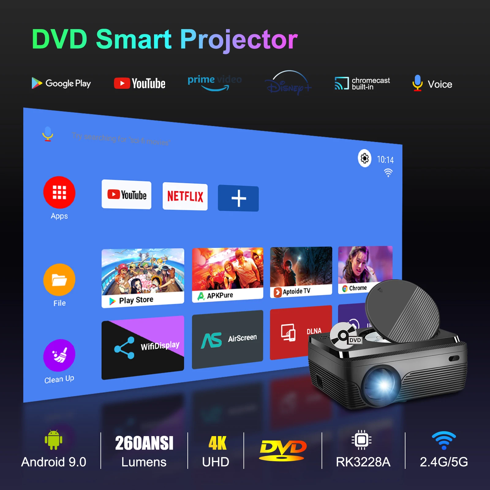 Projetor H96 Max W11 DVD 4K Android Smart Bluetooth 5.1 Projetor de filmes Wi-Fi com reprodutor de DVD