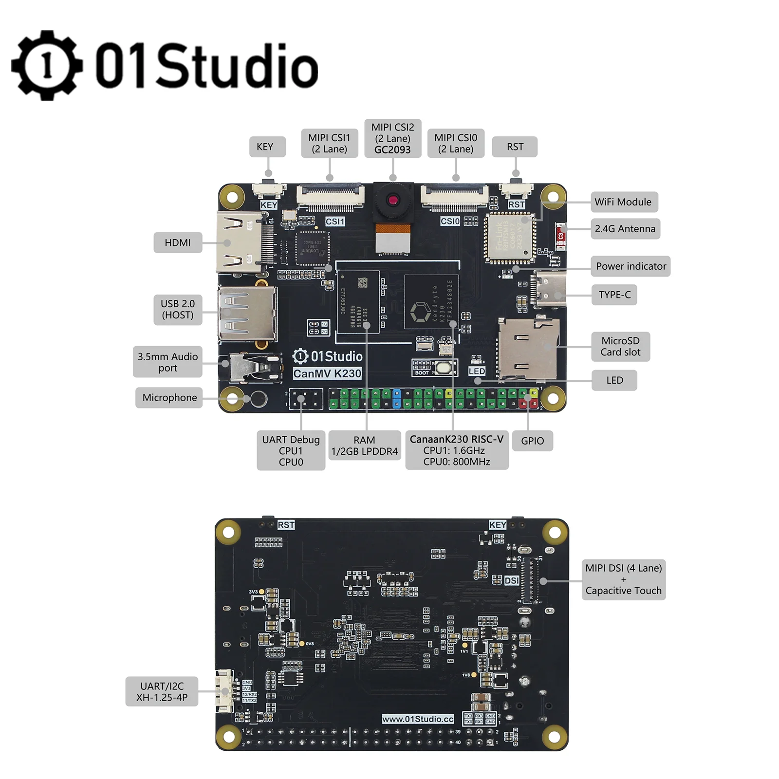 01Studio CanMV K230 AI Development Board Demo Embedded K210 Camera Module Kendryte Visual Recognition Intelligence