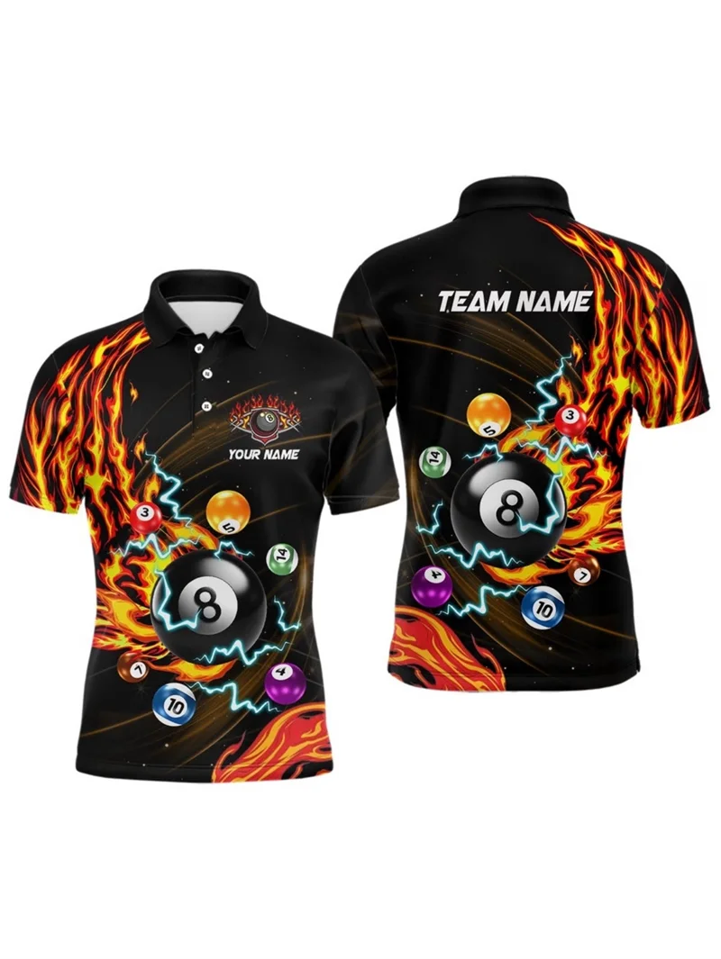 Custom 8 Ball Billiards Flame Polo Shirts For Man Personalized Pool Player Jersey For Team Uniforms