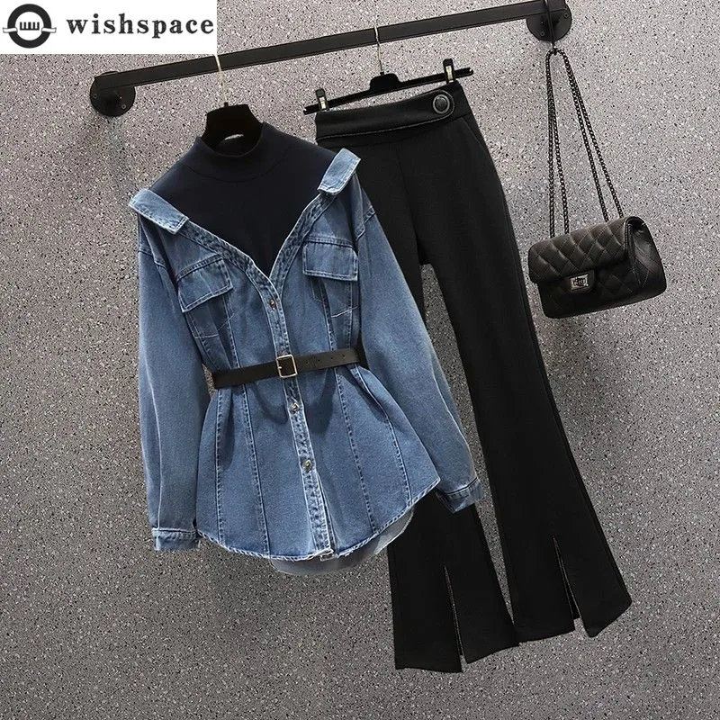 

Korean Popular Autumn New Style Personalized Denim Splice Shirt Casual Wide Leg Trousers Two Piece Elegant Women's Pants Set