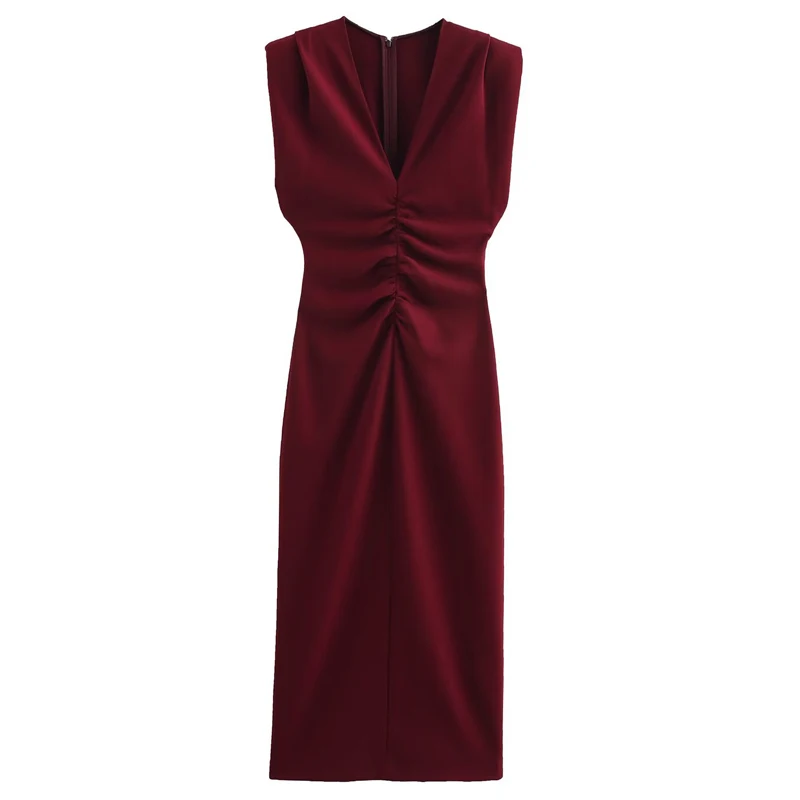 فستان نسائي أحمر من HXAO فساتين صيفية 2025 فساتين حفلات أنيقة فستان سهرة غير رسمي للحفلات الراقصة مكشكش بدون أكمام فستان طويل #2