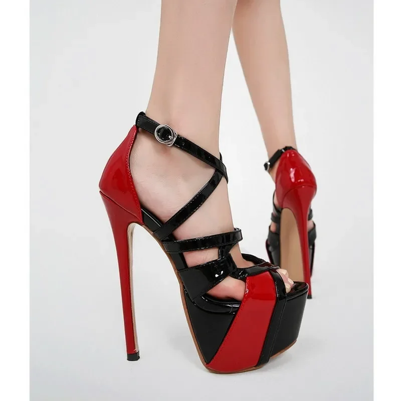 Sexy Club 16CM High Heels Party Women Shoes Platform Narrow Band Hollow Buckle Strap Cover Heels Stiletto Sandals